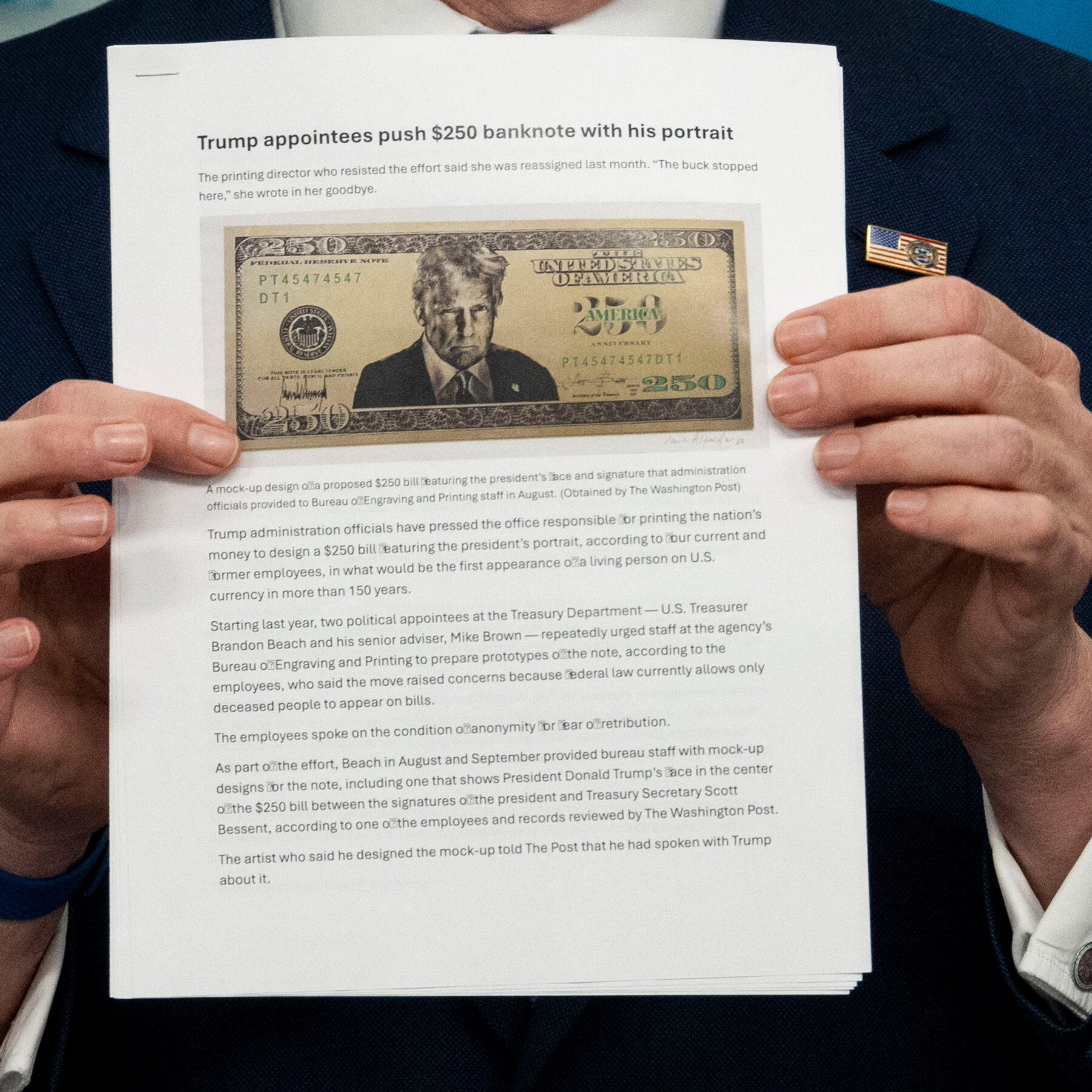 Treasury Prepares to Make Trump the Face of a New $250 Bill