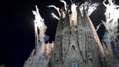 Fireworks illuminate Barcelona's Sagrada Família during Pope visit