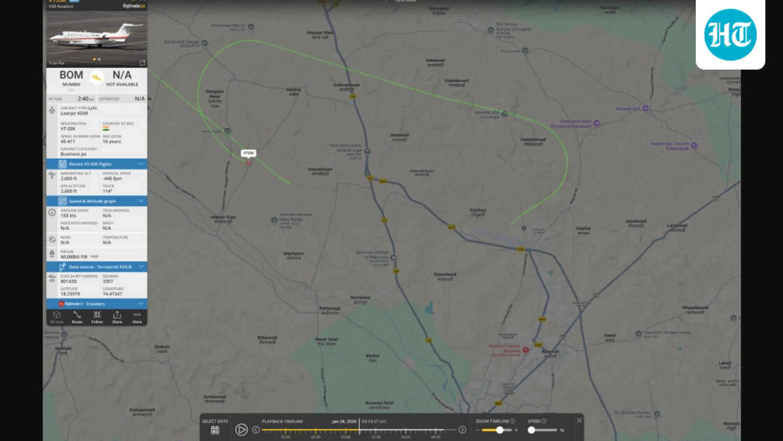 Flightradar24 shows final loop of Learjet 45 carrying Ajit Pawar before crash