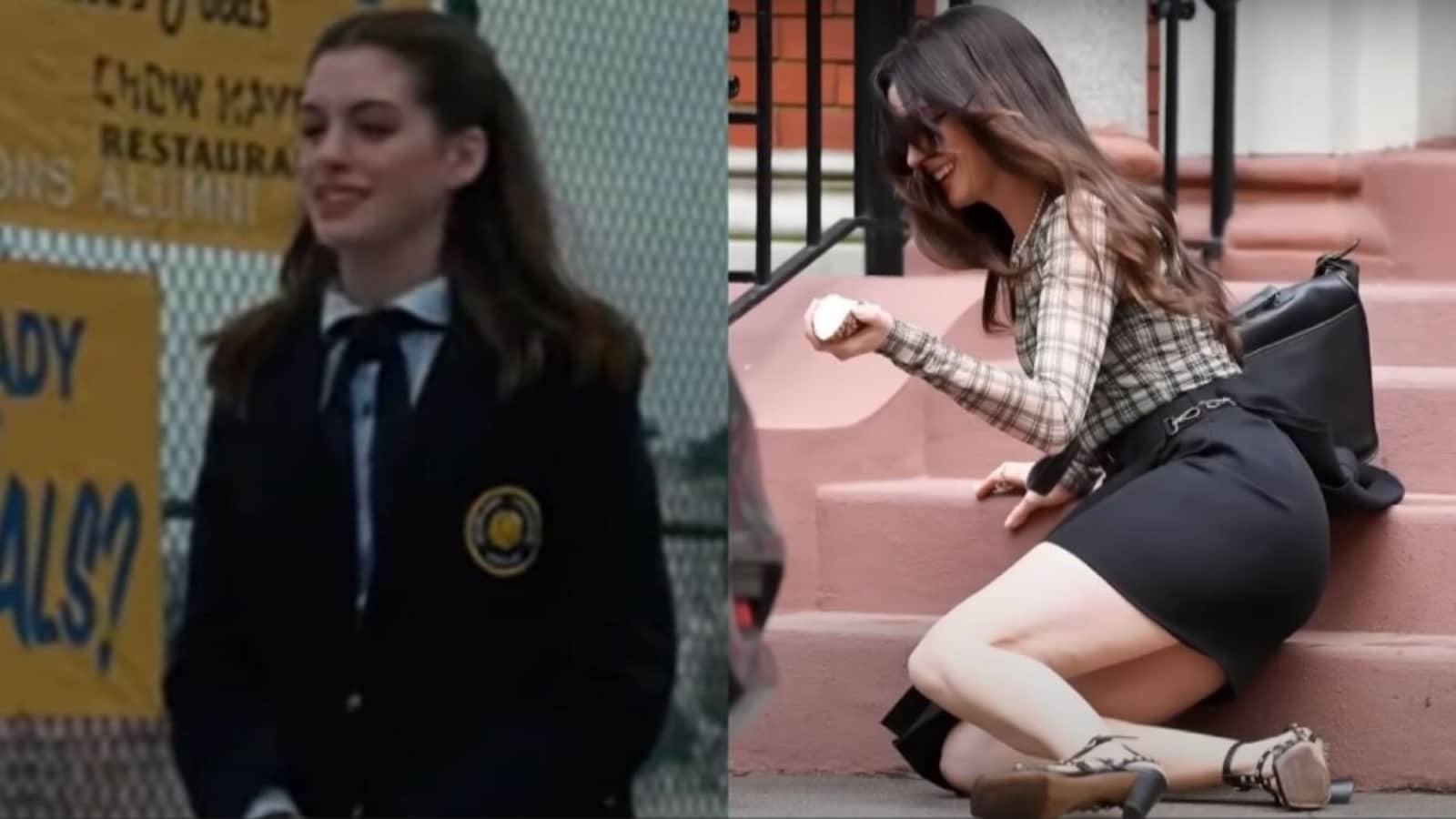 Anne Hathaway shares old fall video after taking a tumble on The Devil Wears Prada 2 set: 'Still falling for you'