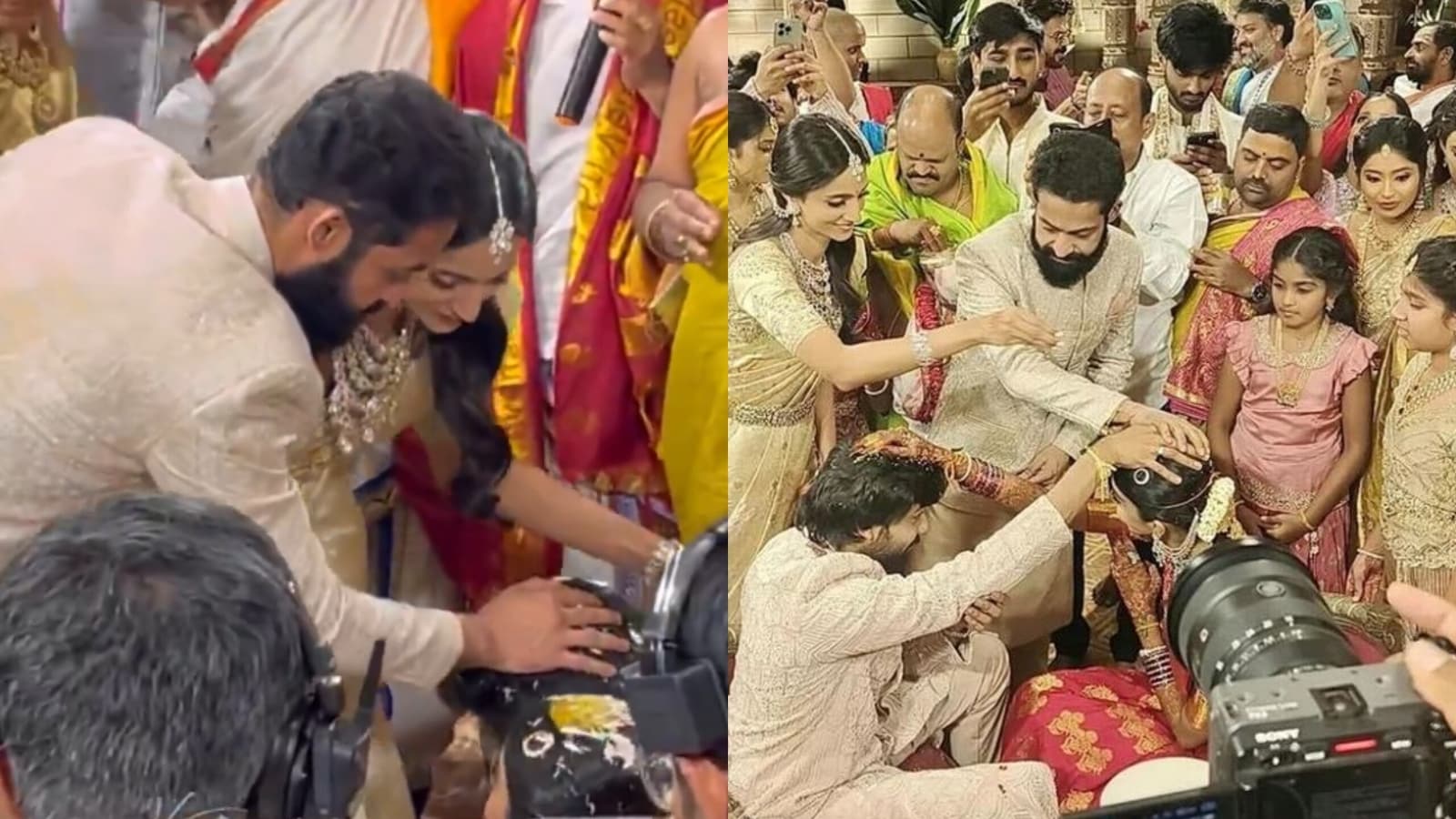 Jr NTR attends brother-in-law Nithiin's wedding with wife Lakshmi Pranathi and kids, performs jiju duties. Watch