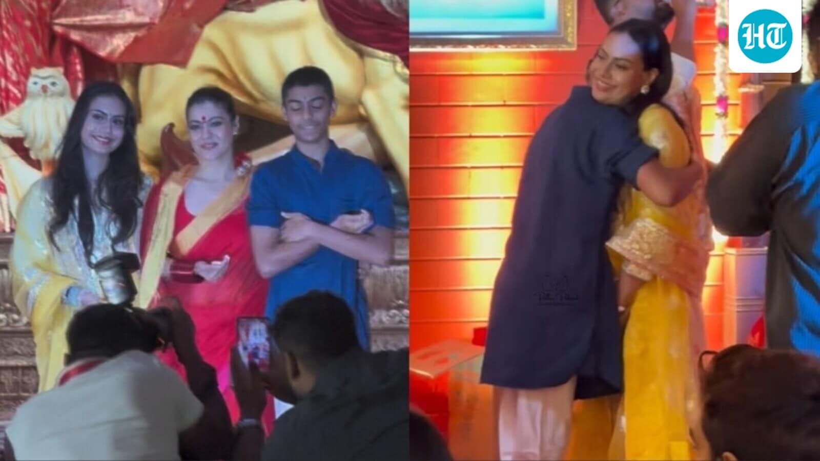 Kajol's son Yug kisses her, hugs sister Nysa while visiting Durga Puja pandal. Watch as they chat, then pose for pics
