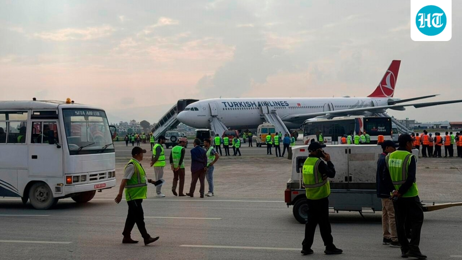 Turkish Airlines jet's landing gear catches fire upon arrival at Nepal's Kathmandu airport | Video