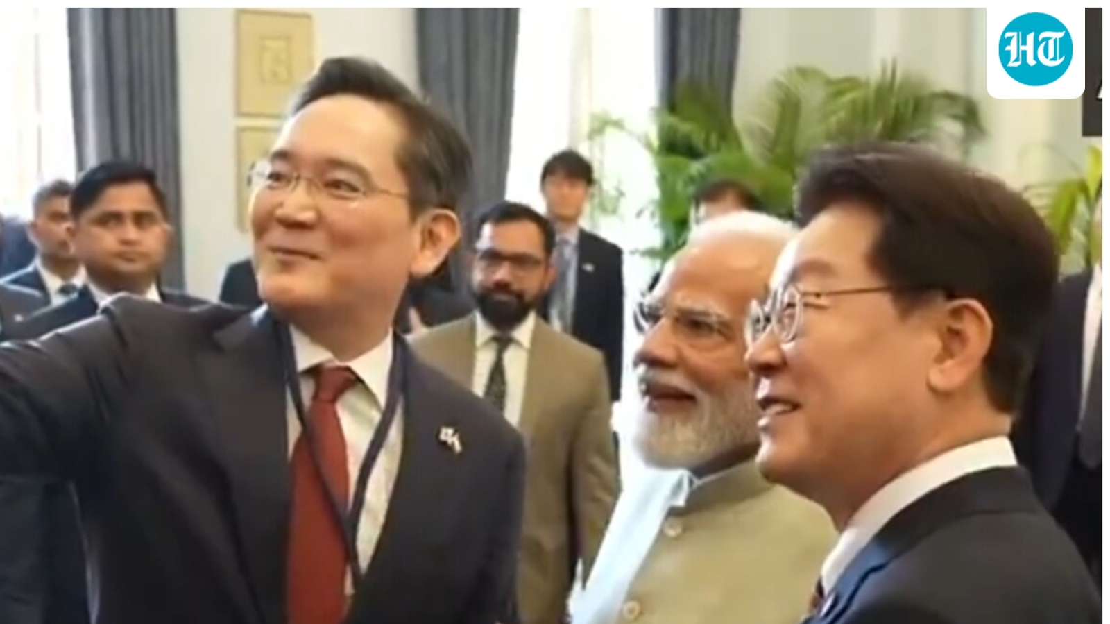 ‘India-made’ Galaxy Z Flip7 selfie: PM Modi poses for pic with Samsung Chairman, South Korean President | Watch