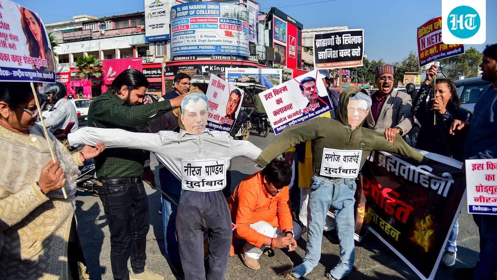 Ghooskhor Pandat row: Protestors burn Manoj Bajpayee, Neeraj Pandey’s effigies, threaten to blacken their faces