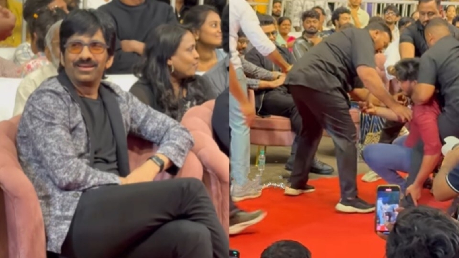 Ravi Teja asks his security to be careful as they drag away fan trying to meet him and Suriya. Watch