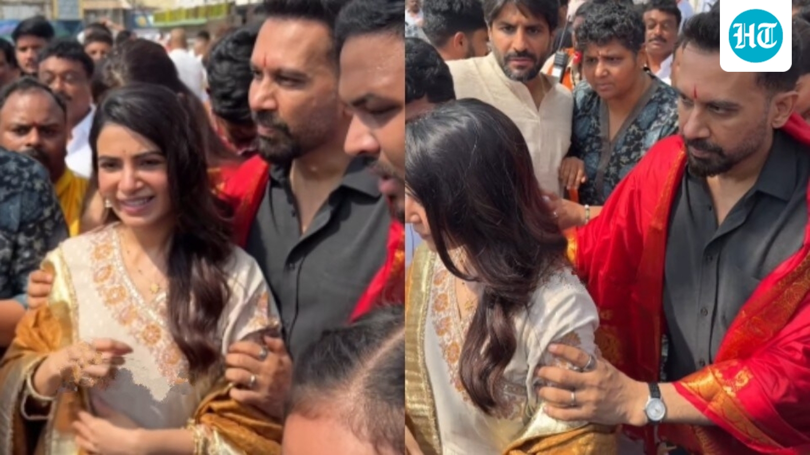 Raj Nidimoru holds Samantha Ruth Prabhu close protectively as they are crowded by fans in Tirumala. Watch
