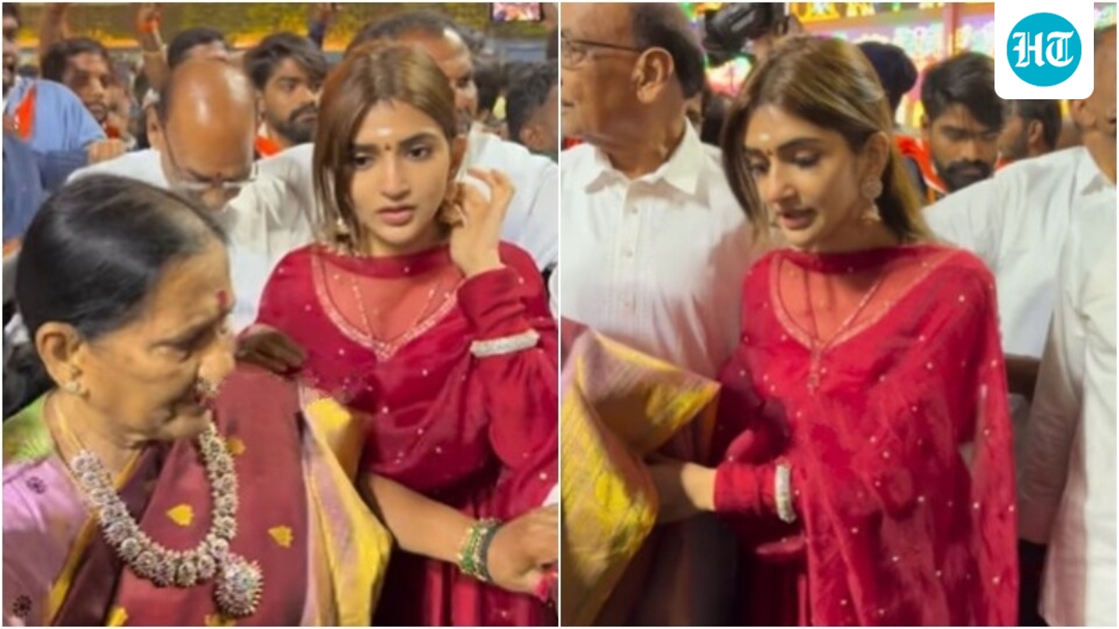 Sreeleela looks worried for her ammamma, holds her close as fans crowd them in Tirupati