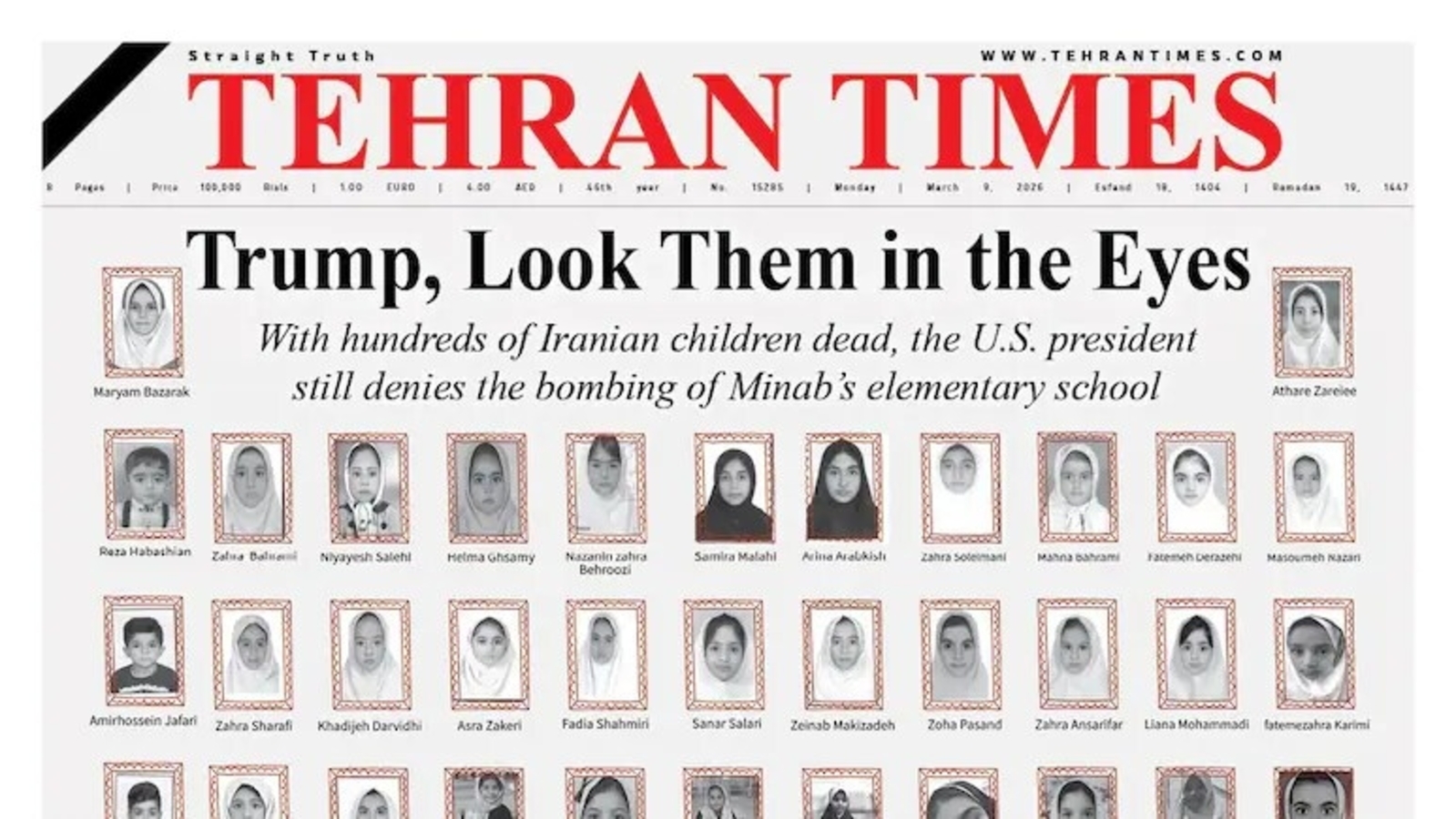 ‘Trump, Look Them In The Eyes’, Tehran Times frontpage features Minab school victims after US Tomahawk missile attack