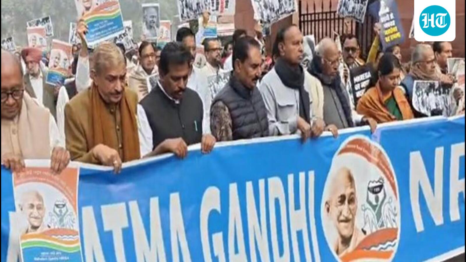 “Will not tolerate disrespect of Mahatma Gandhi”: Oppn MPs protest MNREGA renaming in Parliament premises