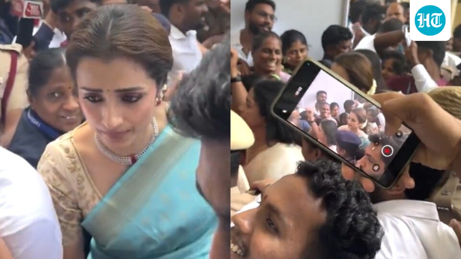 Mobbed Trisha Krishnan struggles to find her way out after Tamil Nadu chief minister Vijay's oath-taking ceremony