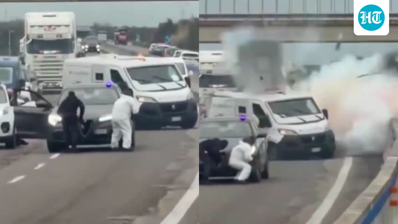 Masked gang posing as police blow up cash van on busy Italy highway, video goes viral